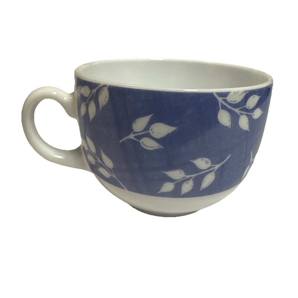 ARCOPAL France Cups Milk Glass‎ Blue With White Leaf Design Set of 6 Cups France